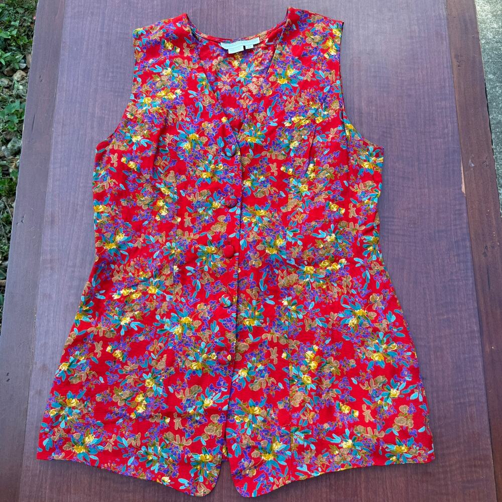 Preston & York Vest Longline Floral 90s Vintage Women Size Medium Red Multicolor